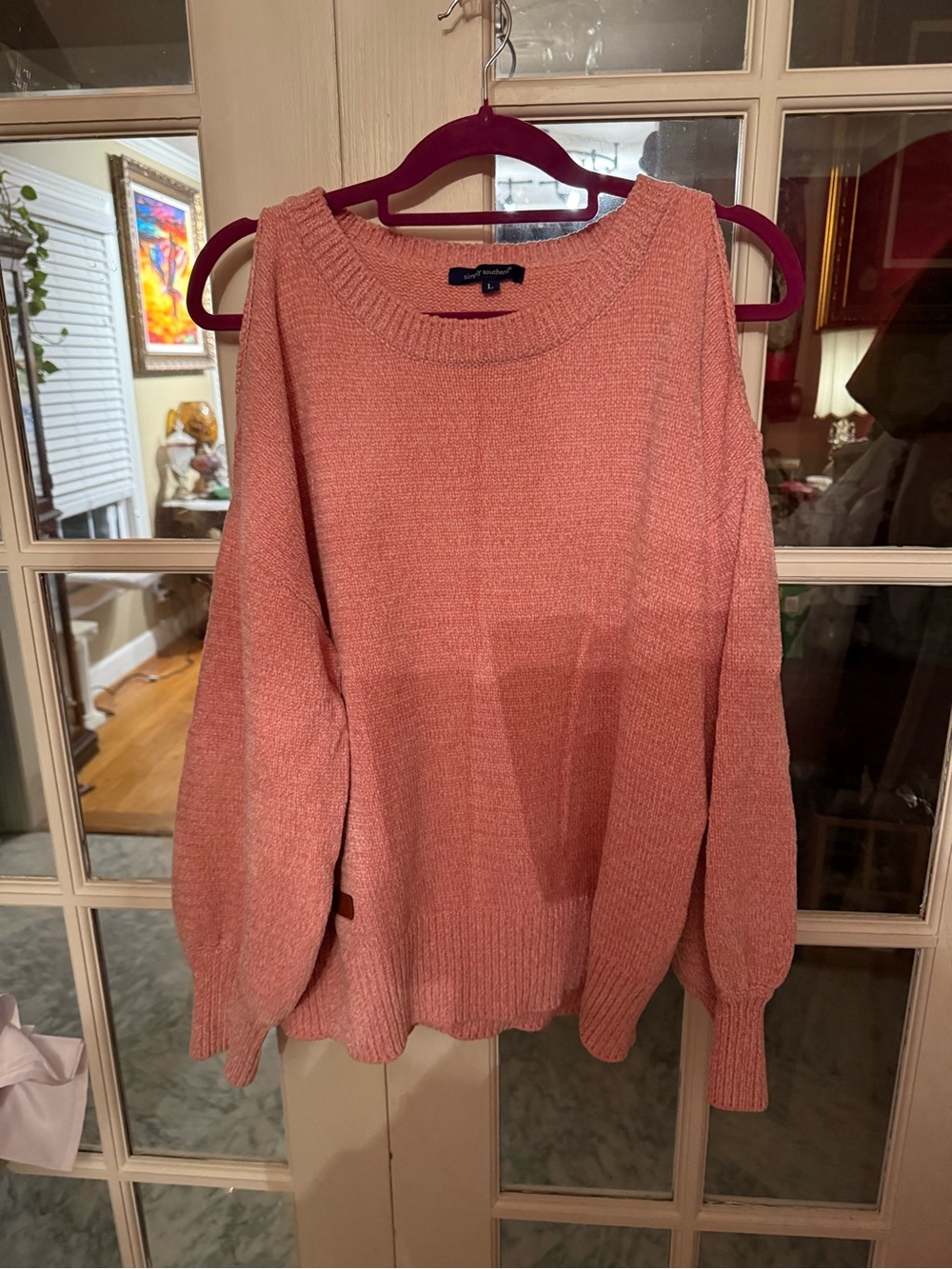 Simply Southern Coral Pink Open-Shoulder Crewneck Sweater